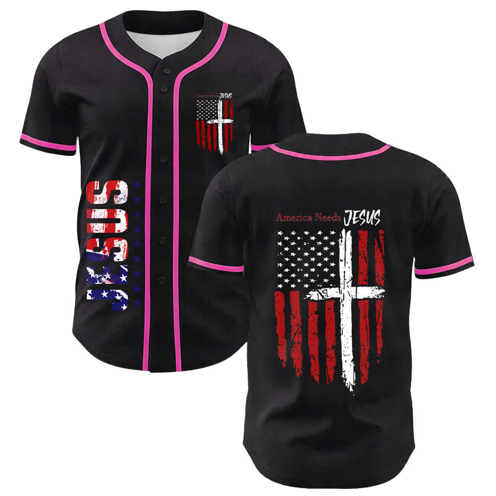Christianartworkshop Maillot de baseball boutonné à drapeau vieilli « America Needs Jesus » - Rose - 5XL - image 49