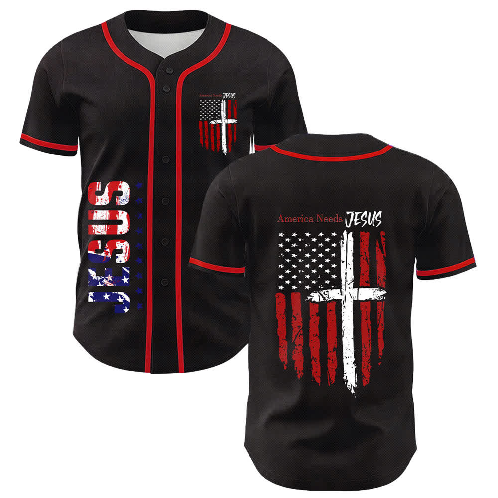 Christianartworkshop Maillot de baseball boutonné à drapeau vieilli « America Needs Jesus » - Rouge - 5XL - image 14