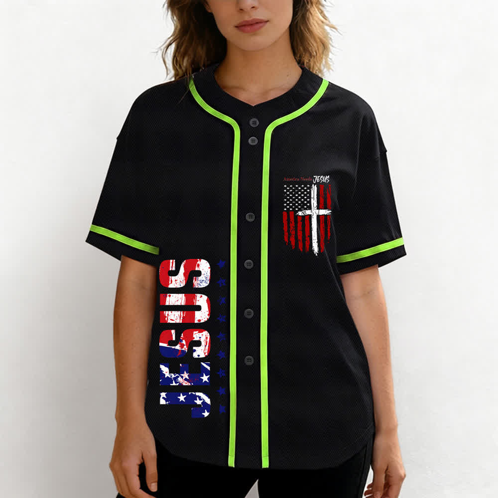 Christianartworkshop Maillot de baseball boutonné à drapeau vieilli « America Needs Jesus » - image 39
