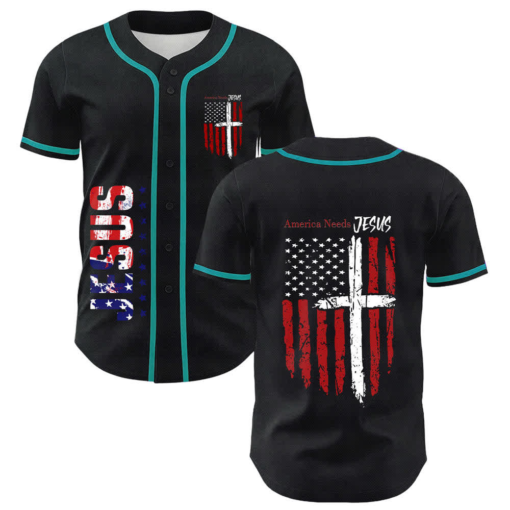 Christianartworkshop Maillot de baseball boutonné à drapeau vieilli « America Needs Jesus » - Lac Bleu - 5XL - image 42
