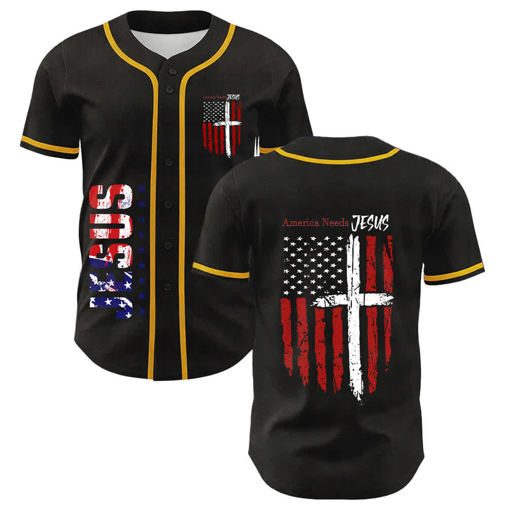 Christianartworkshop Maillot de baseball boutonné à drapeau vieilli « America Needs Jesus » - Jaune - 5XL - image 0