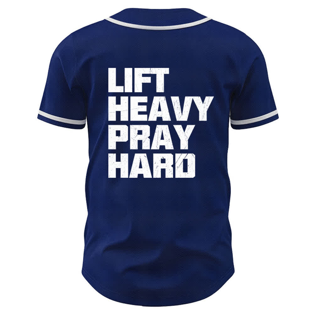 Maillot de baseball bleu marine Christianartworkshop Lift Heavy Pray Hard - image 1