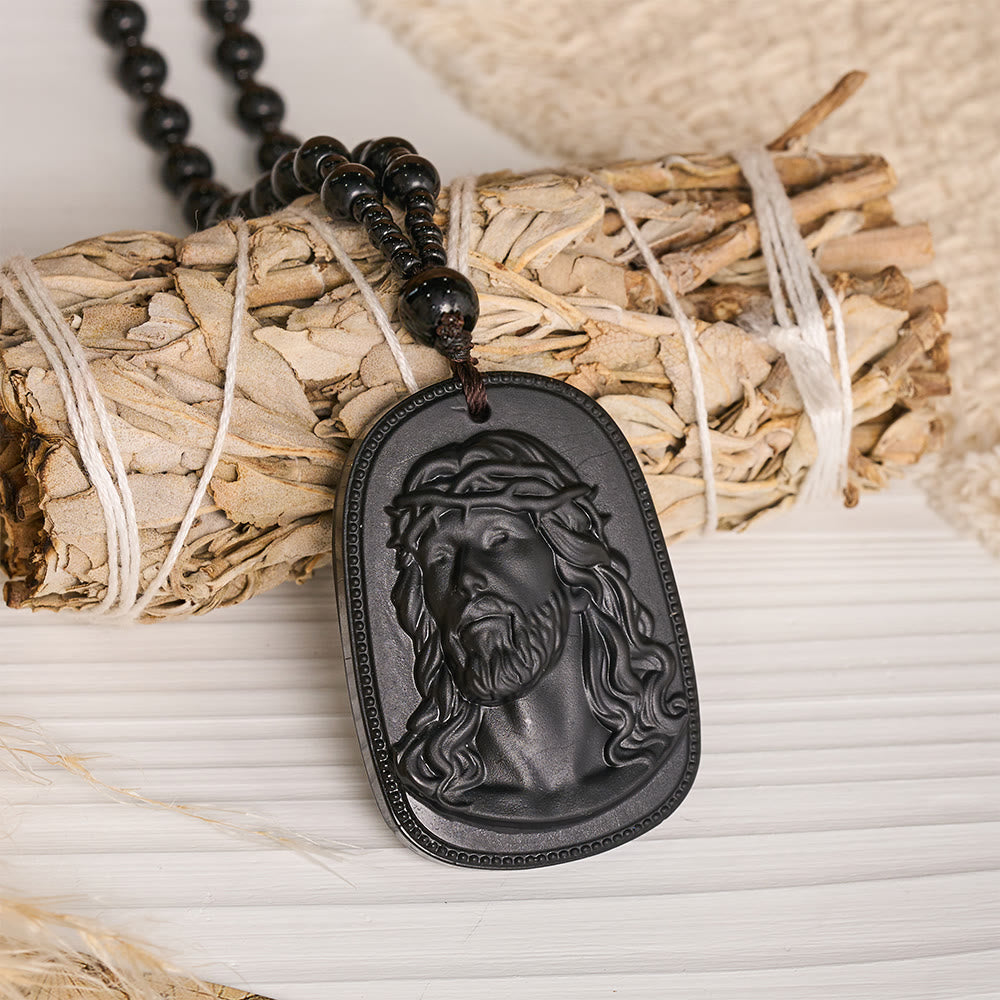 Christianartworkshop Collier de perles en relief représentant un saint portrait : symbole de sérénité divine pour la dévotion quotidienne - Noir - Jésus - image 0