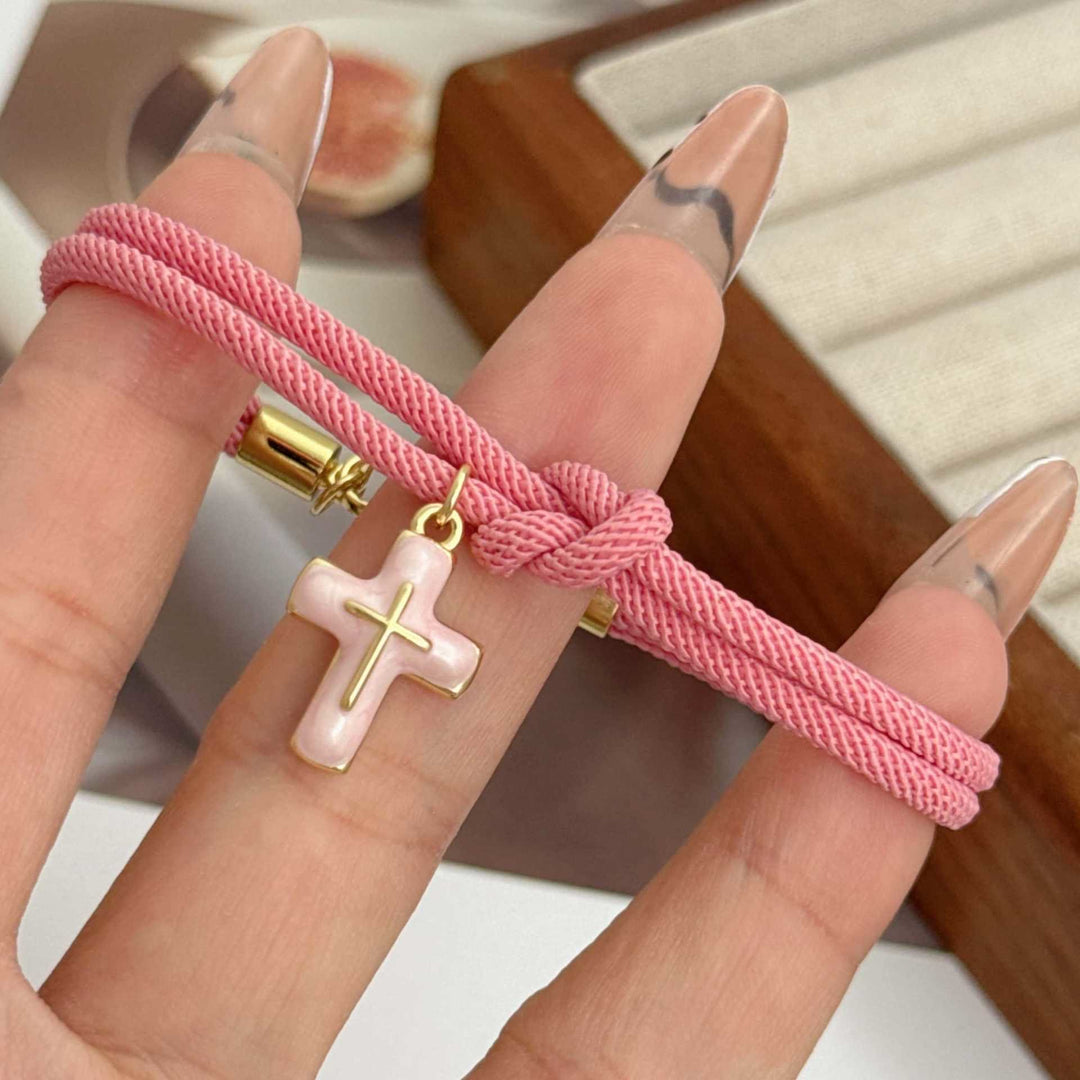 Christianartworkshop Bracelet à breloque croix en cordon doux noué : emblème de douceur et de réconfort céleste - Rose - image 7