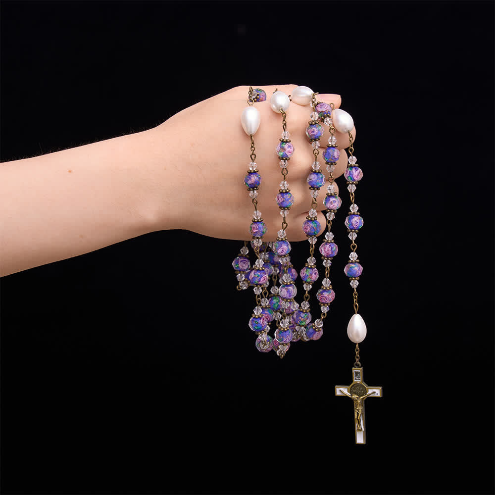 Christianartworkshop Chapelet en perles de verre bleu à motif floral, avec médaillon de la Vierge Marie et crucifix détaillé, en chaîne de style antique. - image 1