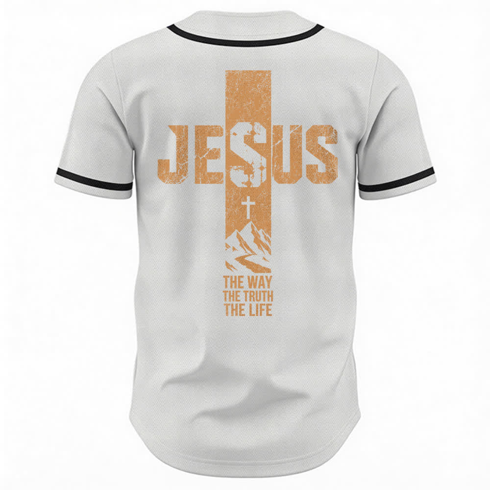 Maillot de baseball Christianartworkshop avec croix de Jésus, aspect vieilli et boutons sur le devant - image 1