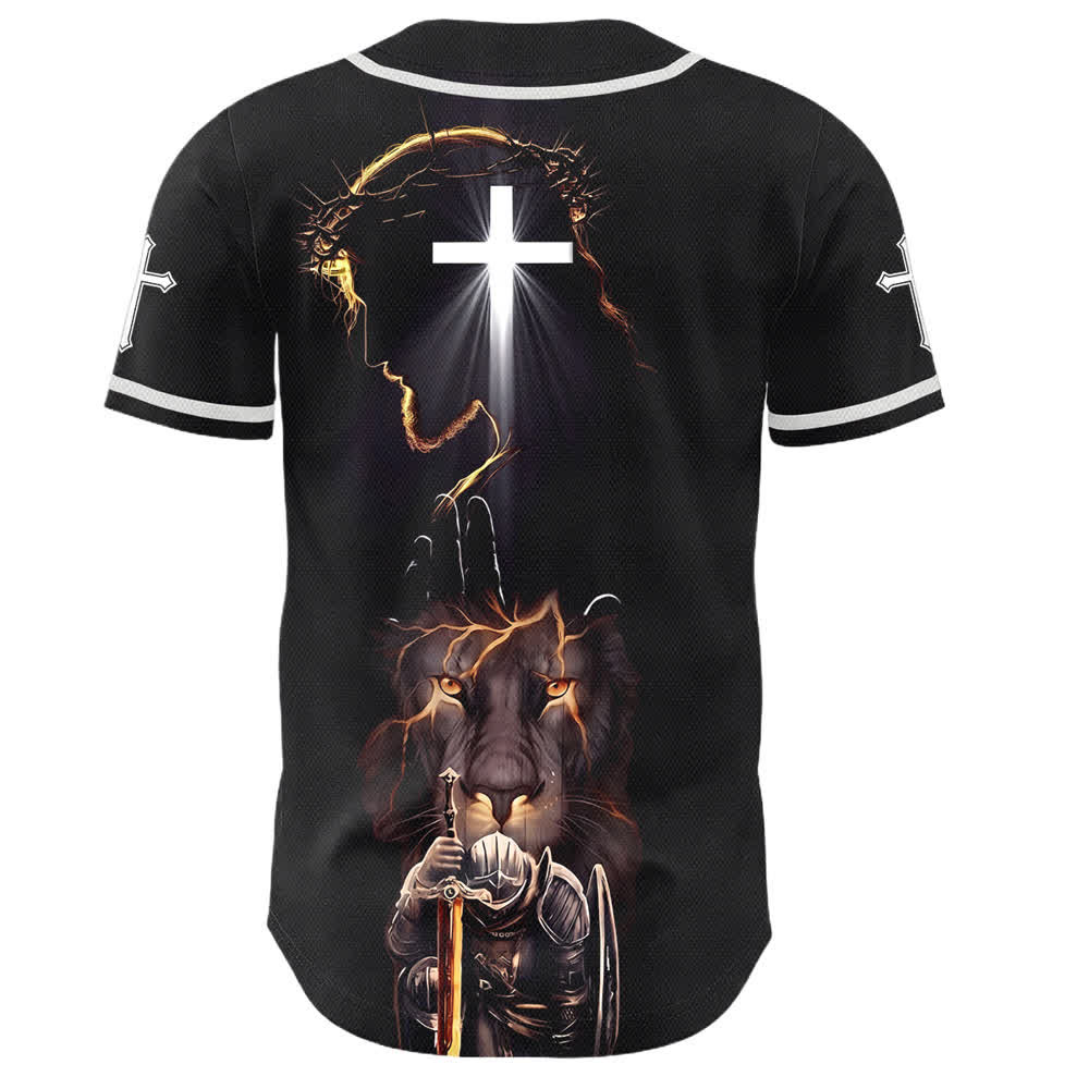 Maillot de baseball noir à boutons en armure de lion Jésus de Christianartworkshop - image 1