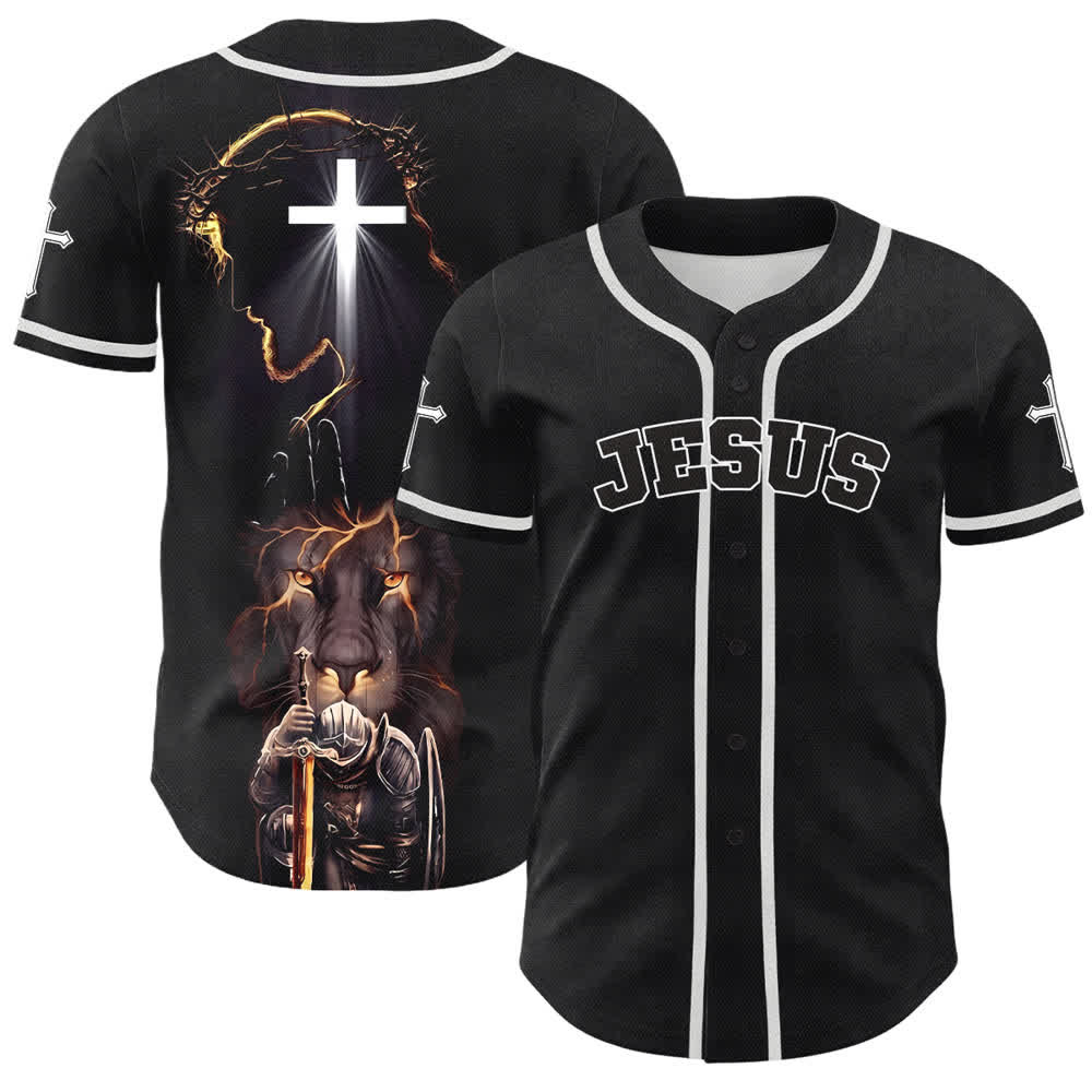 Maillot de baseball noir à boutons en armure de lion Jésus de Christianartworkshop - Blanc - 5XL - image 0