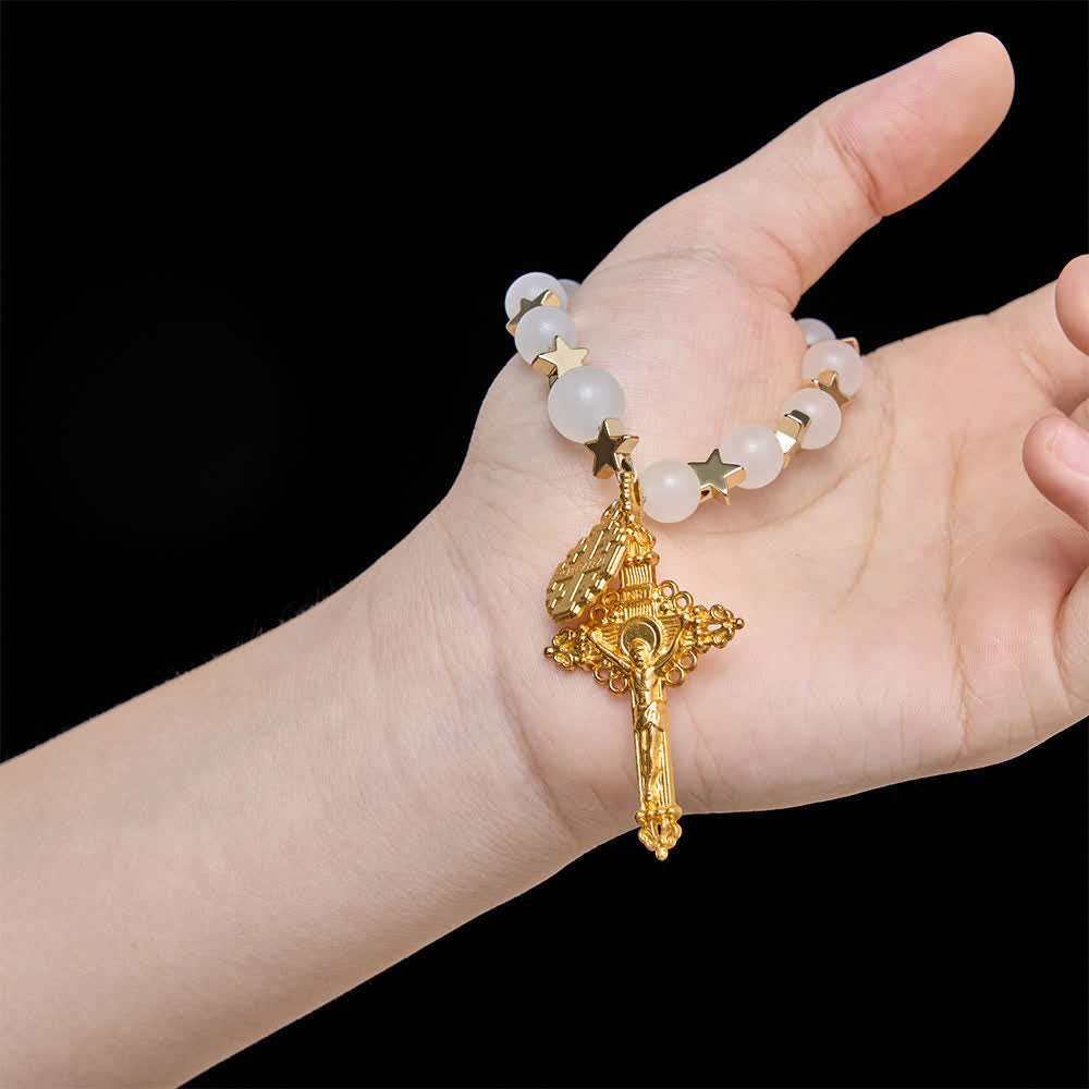 Christianartworkshop Chapelet de poche en cristal blanc étoilé avec crucifix en forme de croix de Jérusalem : symbole de la douce protection divine - image 1