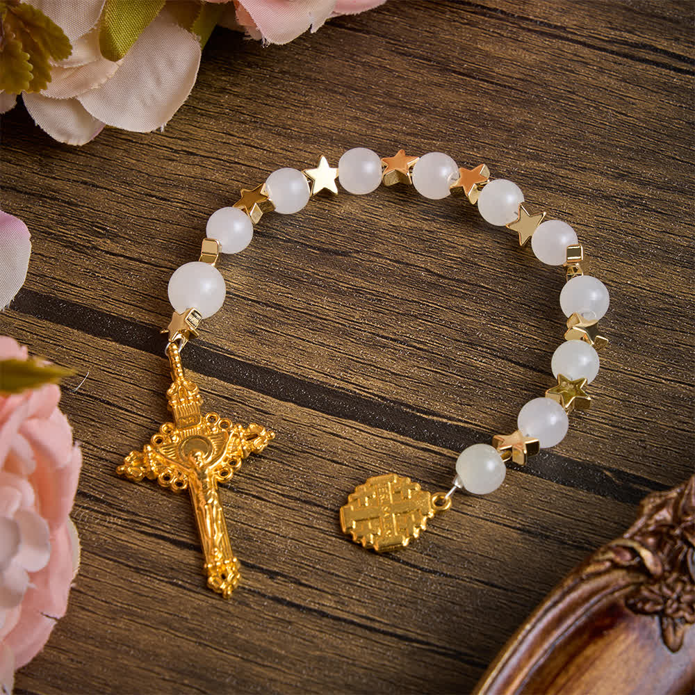 Christianartworkshop Chapelet de poche en cristal blanc étoilé avec crucifix en forme de croix de Jérusalem : symbole de la douce protection divine - Chapelet de poche en cristal blanc - image 0