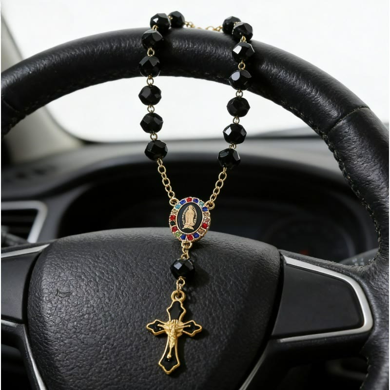 Christianartworkshop Chapelet de voiture en médaillon émaillé élégant avec crucifix : emblème de paix et de réconfort sacré - image 1