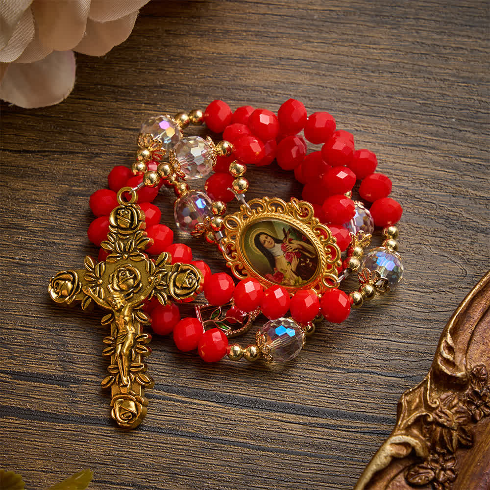 Christianartworkshop Chapelet orné sur le thème de Sainte Thérèse, avec croix sculptée de roses : emblème de la douce grâce céleste - image 4