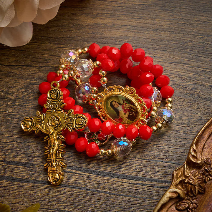 Christianartworkshop Chapelet orné sur le thème de Sainte Thérèse, avec croix sculptée de roses : emblème de la douce grâce céleste - image 4