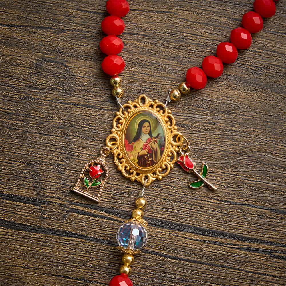 Christianartworkshop Chapelet orné sur le thème de Sainte Thérèse, avec croix sculptée de roses : emblème de la douce grâce céleste - image 6