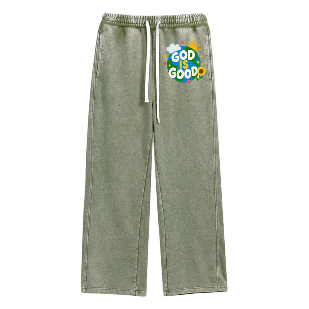 Christianartworkshop - Pantalon de survêtement délavé avec inscription « Dieu est bon » et tournesol - Vert armée - 2XL - image 0