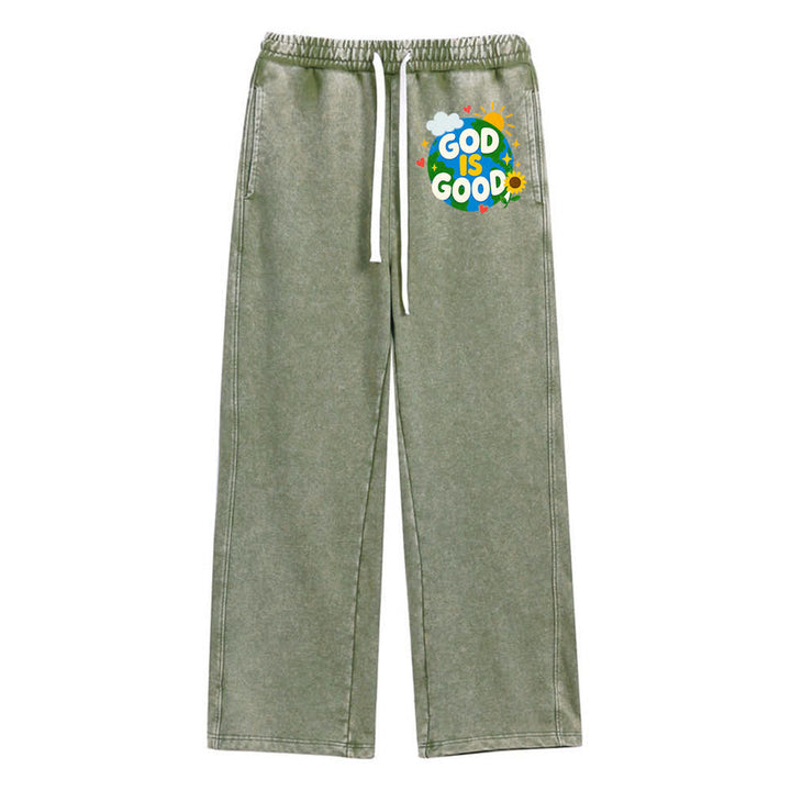 Christianartworkshop - Pantalon de survêtement délavé avec inscription « Dieu est bon » et tournesol - Vert armée - 2XL - image 0