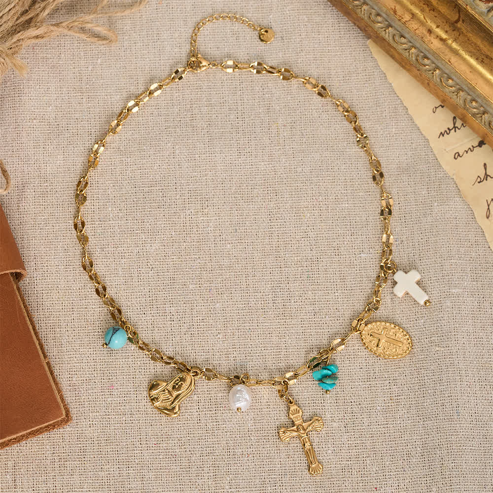 Christianartworkshop Collier à plusieurs breloques avec croix crucifix, emblème de Notre-Dame et de douce consolation céleste - image 1