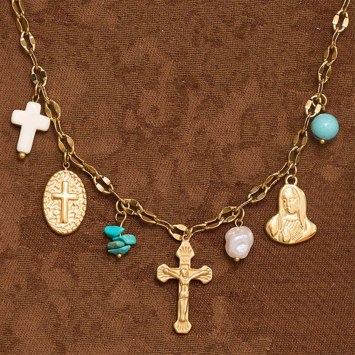 Christianartworkshop Collier à plusieurs breloques avec croix crucifix, emblème de Notre-Dame et de douce consolation céleste - image 2