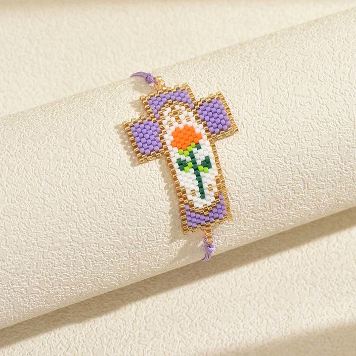 Christianartworkshop Bracelet de perles de rocaille à plusieurs styles représentant un portrait sacré : signe de tendresse, de joie sacrée et intemporelle - Croix D - image 8