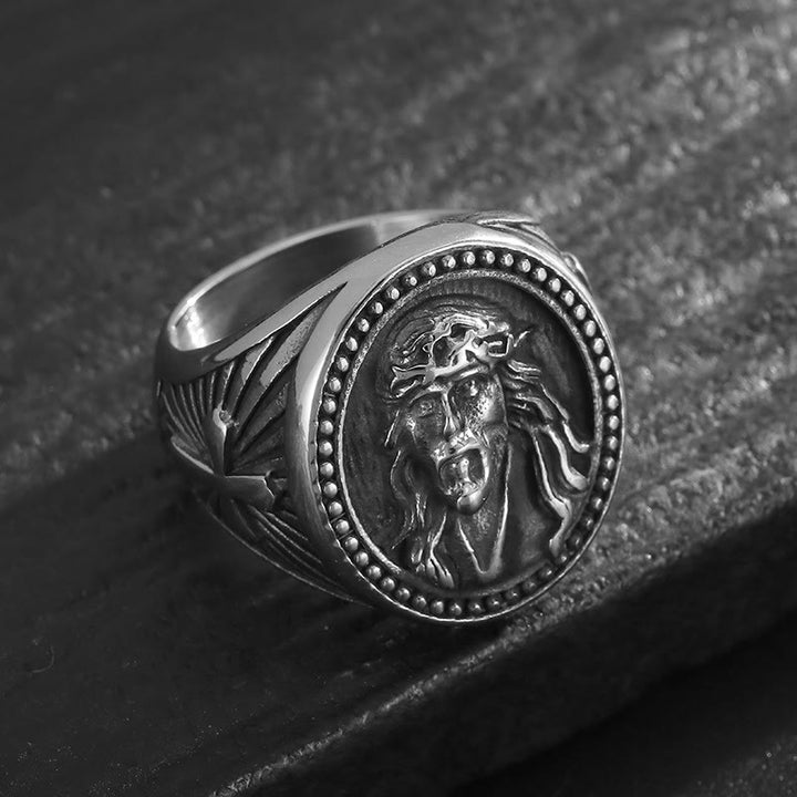 Christianartworkshop Bague à large anneau ornée du portrait de Jésus : symbole du salut céleste éternel - Argent - US 13 - image 1