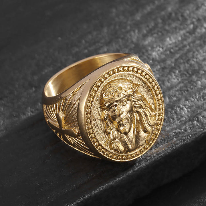Christianartworkshop Bague à large anneau ornée du portrait de Jésus : symbole du salut céleste éternel - Doré - US 13 - image 3
