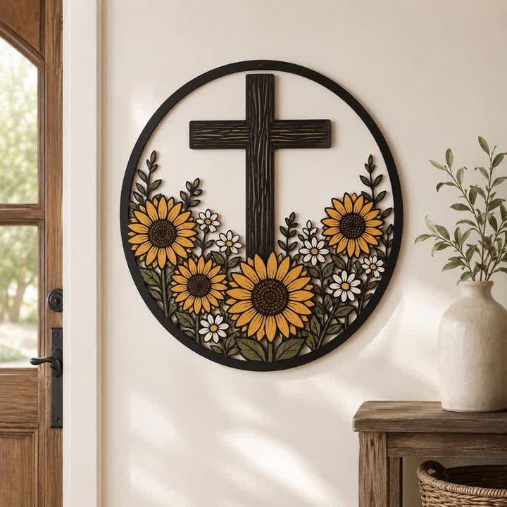 Christianartworkshop Croix décorative en métal encadrée de tournesol : symbole de lumière divine paisible - image 0
