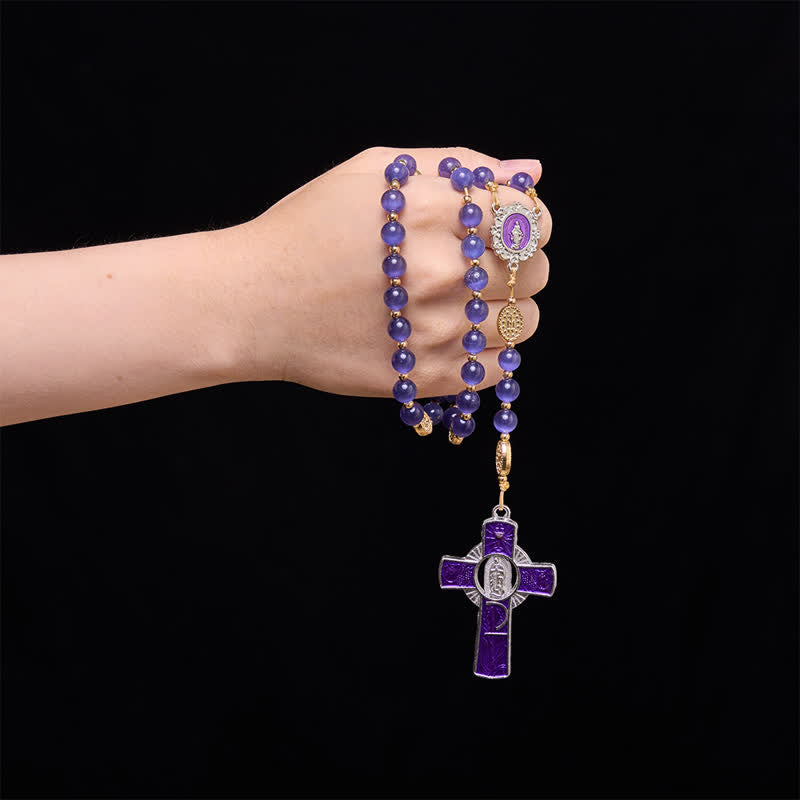 Christianartworkshop Chapelet Notre-Dame en forme de croix incrustée d'émail et orné de perles œil-de-chat violettes : signe de la paisible bénédiction céleste - image 1
