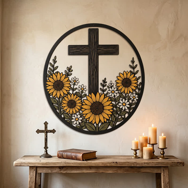 Christianartworkshop Croix décorative en métal encadrée de tournesol : symbole de lumière divine paisible - image 3