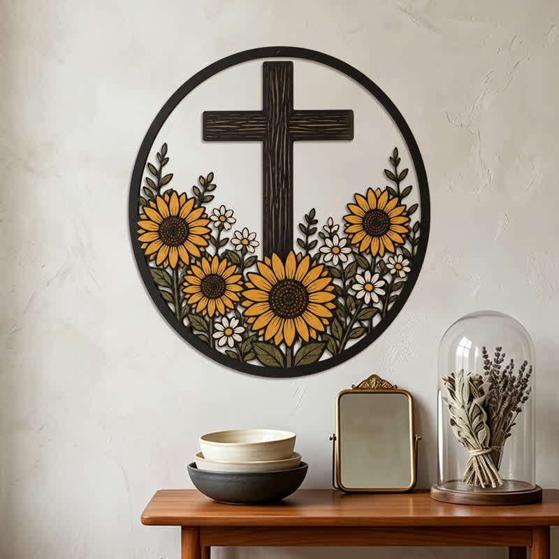 Christianartworkshop Croix décorative en métal encadrée de tournesol : symbole de lumière divine paisible - image 1