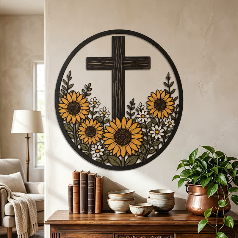 Christianartworkshop Croix décorative en métal encadrée de tournesol : symbole de lumière divine paisible - image 2
