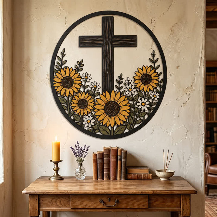 Christianartworkshop Croix décorative en métal encadrée de tournesol : symbole de lumière divine paisible - image 4