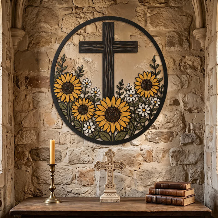 Christianartworkshop Croix décorative en métal encadrée de tournesol : symbole de lumière divine paisible - image 5