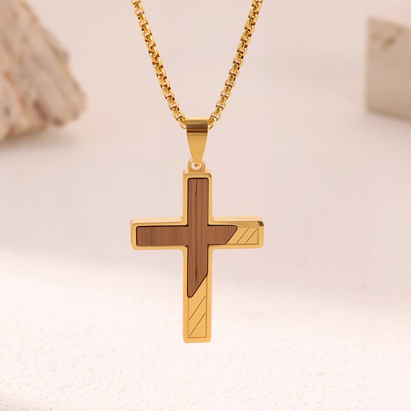 Christianartworkshop Collier croix en acier inoxydable incrusté de bois naturel : symbole de douce protection céleste - UN - image 0