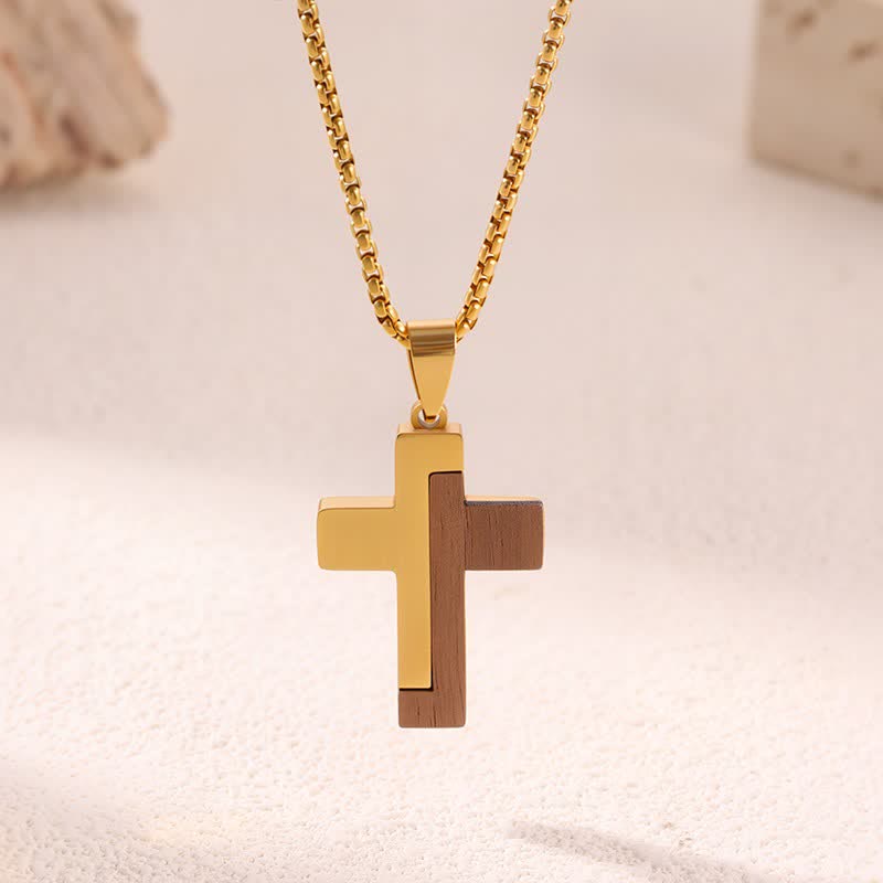 Christianartworkshop Collier croix en acier inoxydable incrusté de bois naturel : symbole de douce protection céleste - B - image 1