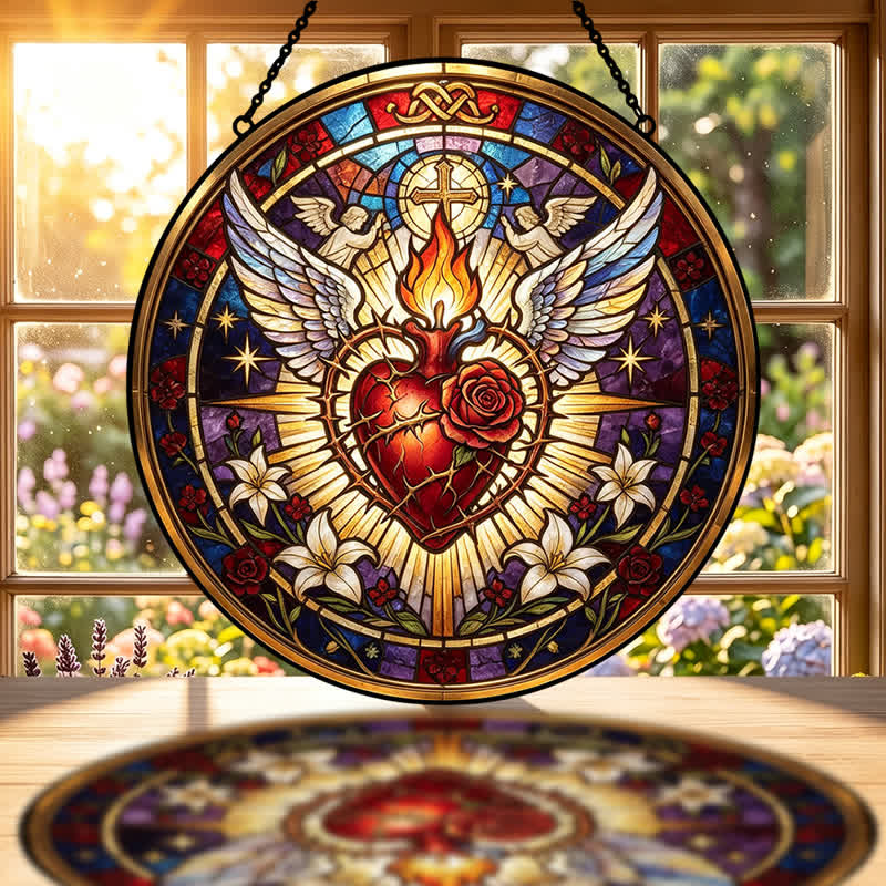 Christianartworkshop Attrape-soleil en verre rond suspendu, en forme de cœur sacré : symbole de paix et de réconfort divins - image 1