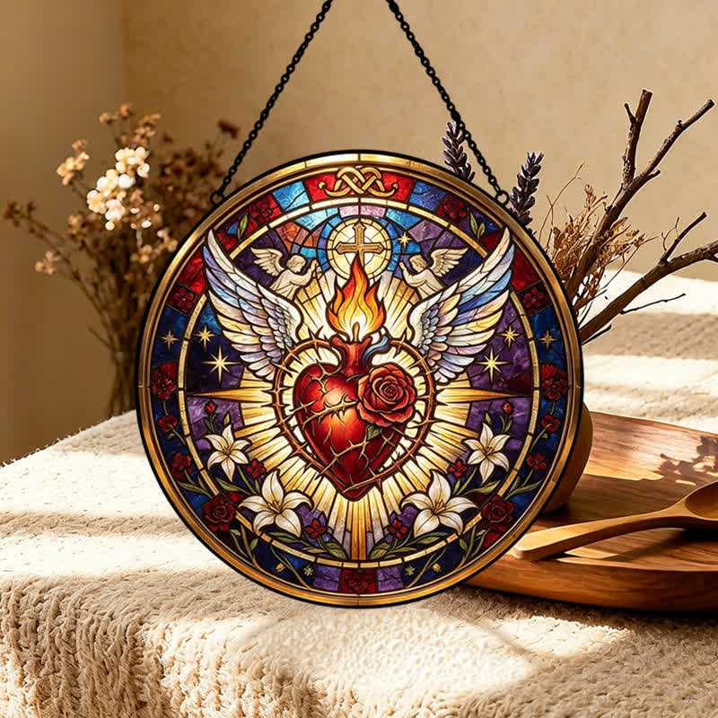 Christianartworkshop Attrape-soleil en verre rond suspendu, en forme de cœur sacré : symbole de paix et de réconfort divins - image 0