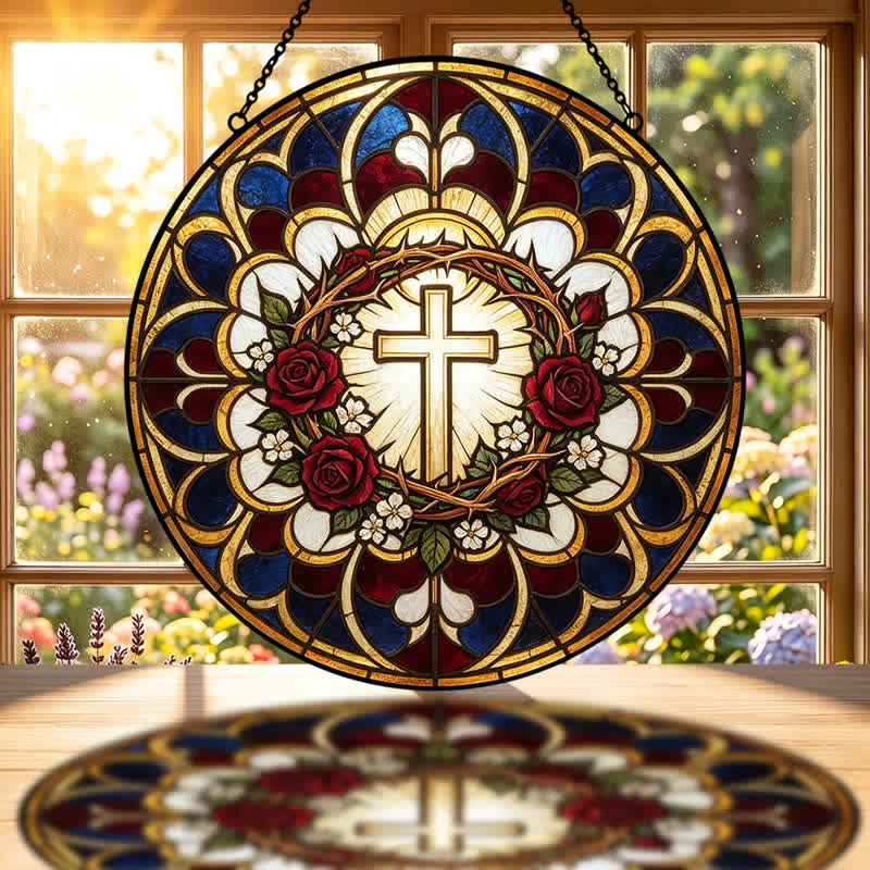 Christianartworkshop Attrape-soleil en vitrail en forme de croix auréolée de lumière : emblème de pure radiance céleste - image 1