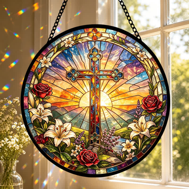 Christianartworkshop Attrape-soleil en verre en forme de croix, orné d'une couronne de lys et de roses : emblème de douce pureté divine - image 0