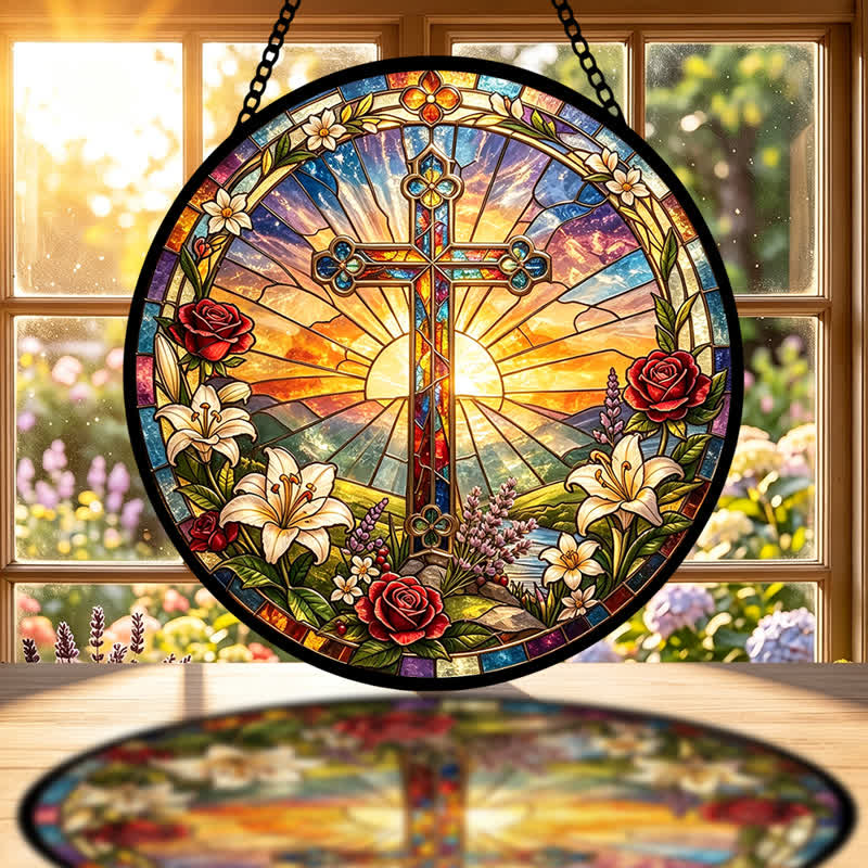 Christianartworkshop Attrape-soleil en verre en forme de croix, orné d'une couronne de lys et de roses : emblème de douce pureté divine - image 1