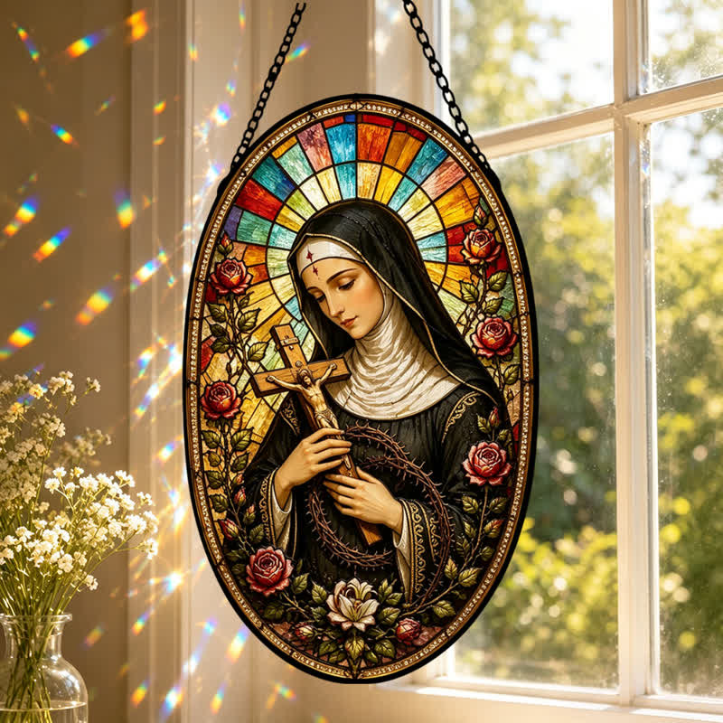 Christianartworkshop Attrape-soleil décoratif suspendu en verre sacré Notre-Dame : porteur de dévotion silencieuse - image 0