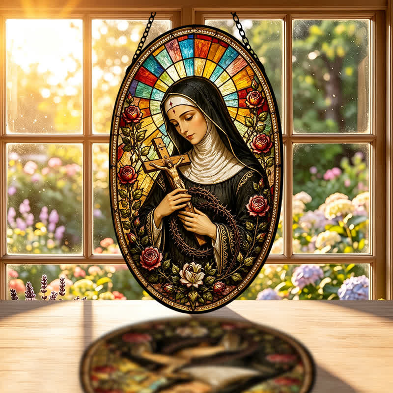 Christianartworkshop Attrape-soleil décoratif suspendu en verre sacré Notre-Dame : porteur de dévotion silencieuse - image 1