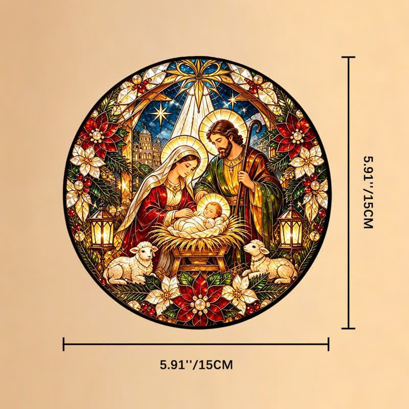 Christianartworkshop Attrape-soleil rond en vitrail de la Nativité : emblème de la tendre arrivée céleste - 5,91 po × 5,91 po × 0,14 po / 15 × 15 × 0,35 cm - image 7