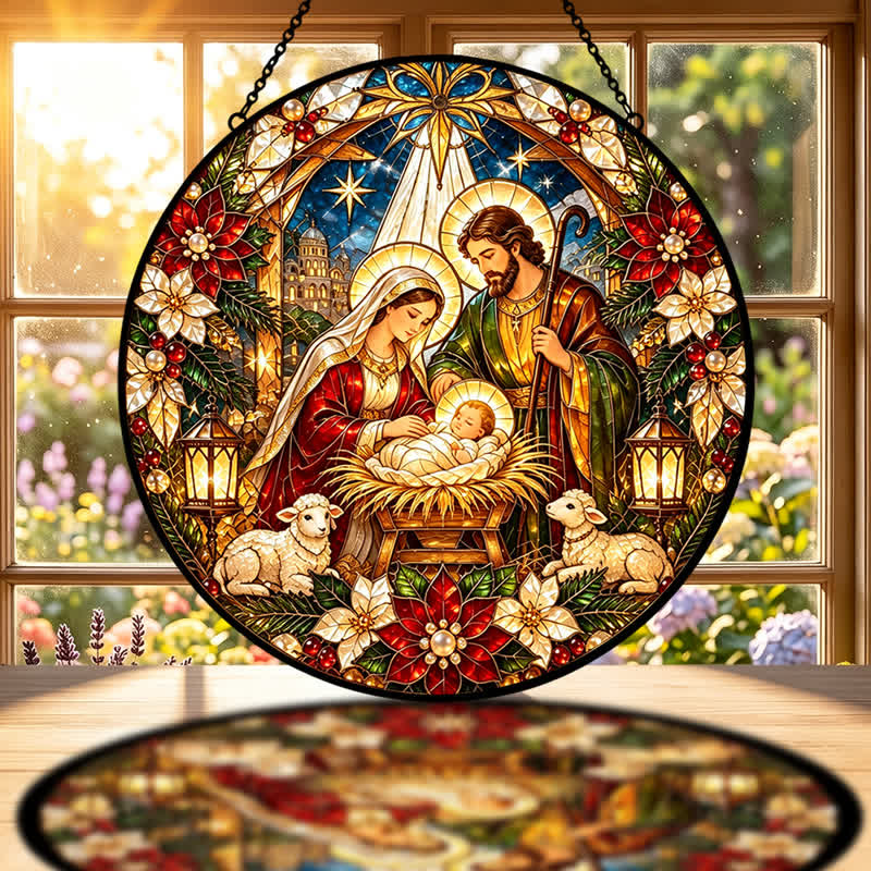 Christianartworkshop Attrape-soleil rond en vitrail de la Nativité : emblème de la tendre arrivée céleste - image 1