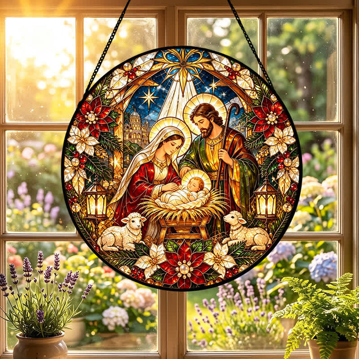 Christianartworkshop Attrape-soleil rond en vitrail de la Nativité : emblème de la tendre arrivée céleste - image 0