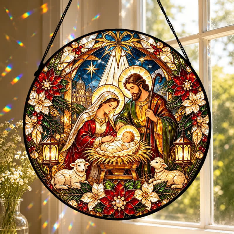 Christianartworkshop Attrape-soleil rond en vitrail de la Nativité : emblème de la tendre arrivée céleste - image 6