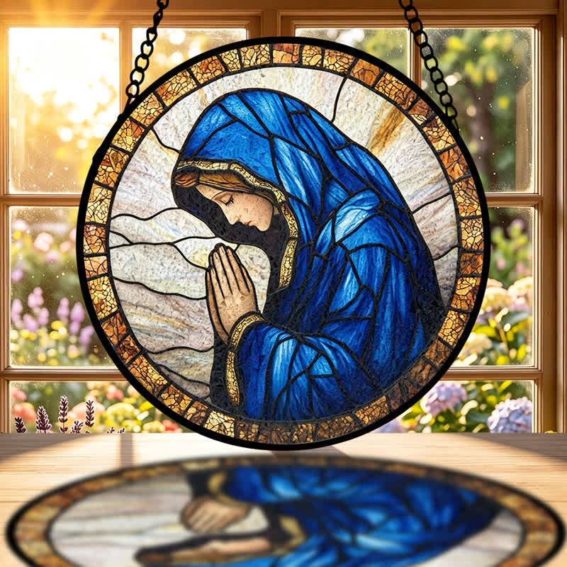 Christianartworkshop Attrape-soleil en vitrail représentant Notre-Dame en prière : emblème de la pure grâce céleste - image 1