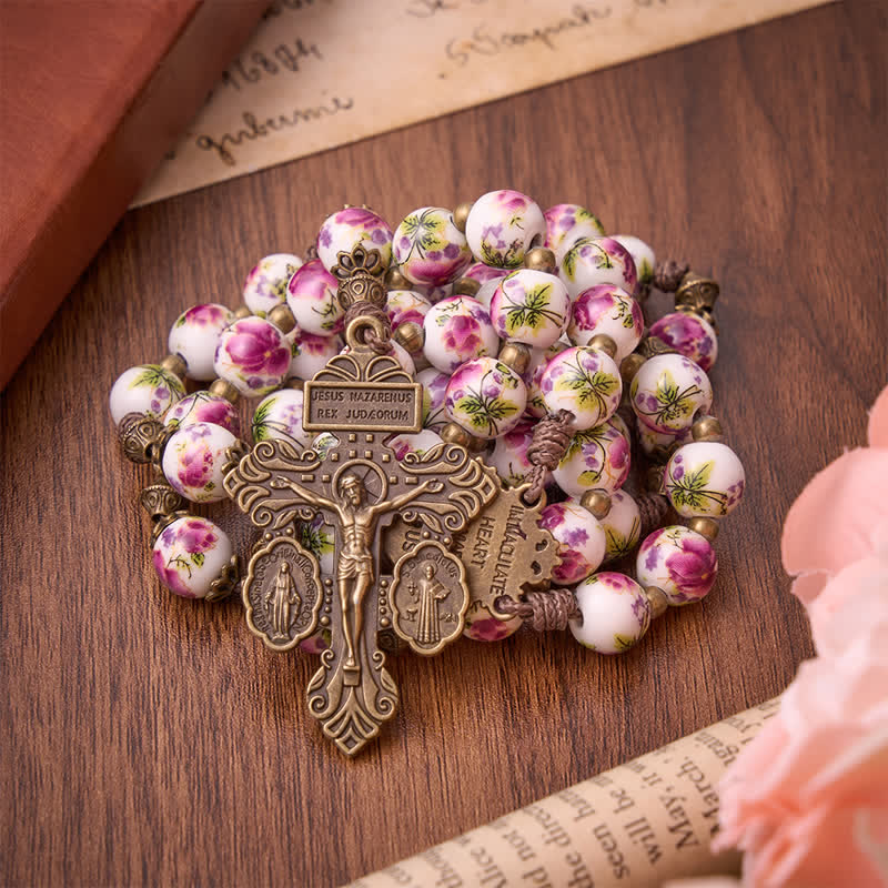 Christianartworkshop Chapelet de prière en bronze antique à fleurs roses avec médaille de Notre-Dame et crucifix - Chapelet en porcelaine à motif floral rose - image 0