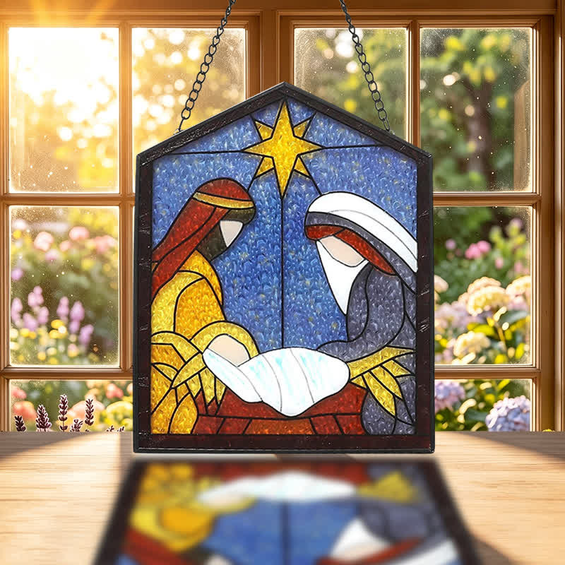 Christianartworkshop Attrape-soleil en vitrail de la Nativité guidé par les étoiles : symbole de l'arrivée paisible du divin - image 1
