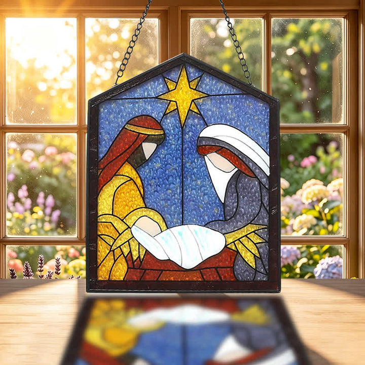 Christianartworkshop Attrape-soleil en vitrail de la Nativité guidé par les étoiles : symbole de l'arrivée paisible du divin - image 1