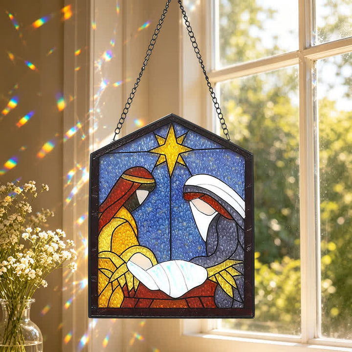 Christianartworkshop Attrape-soleil en vitrail de la Nativité guidé par les étoiles : symbole de l'arrivée paisible du divin - 3,11''*2,52''/7,9*6,4 cm - image 0
